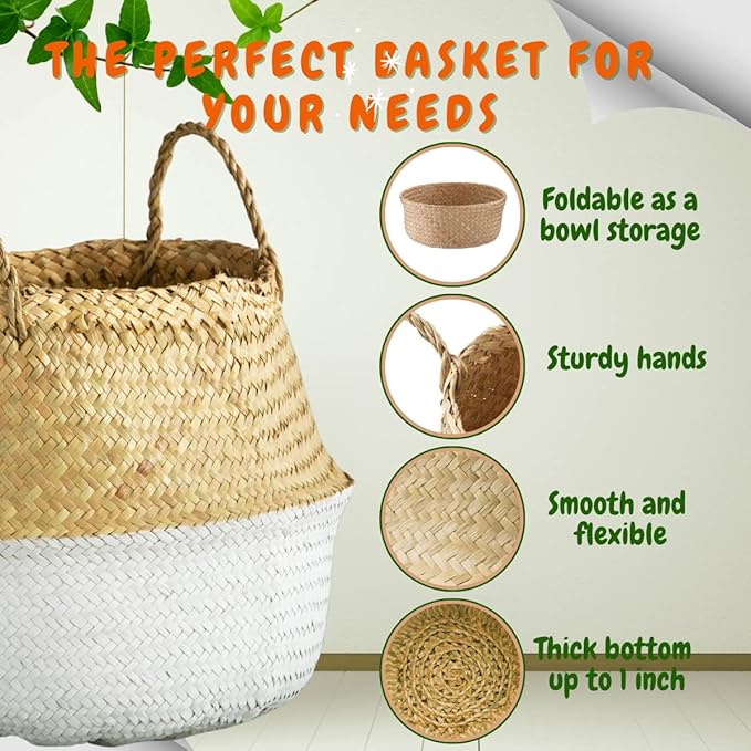 Extra Large Size(16x16x15 inches) Seagrass Belly Basket for Storage, Laundry, Picnic and Woven Straw Beach Bag - Plant Pots Cover Indoor Decorative