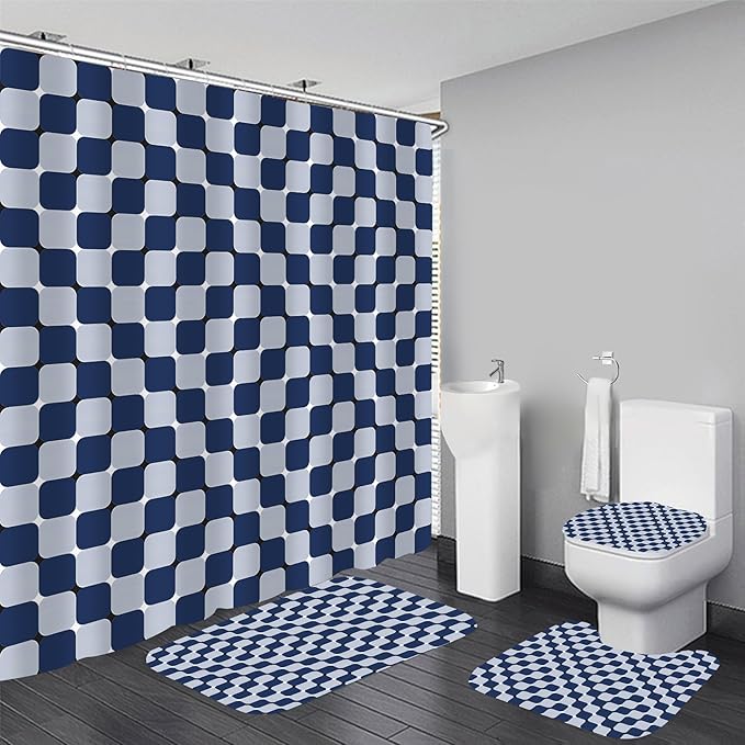 4Pcs Blue Checkered Shower Curtain Set 3D Bathroom Sets Modern Shower Curtain Set for Bathroom Sets with Rugs and 12 Hooks