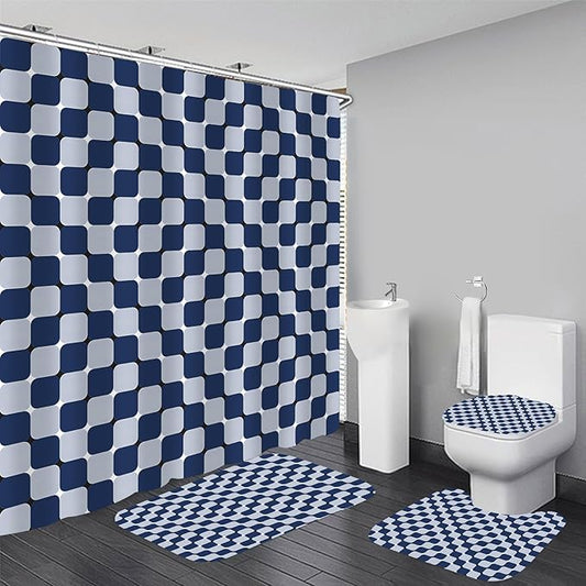 4Pcs Blue Checkered Shower Curtain Set 3D Bathroom Sets Modern Shower Curtain Set for Bathroom Sets with Rugs and 12 Hooks