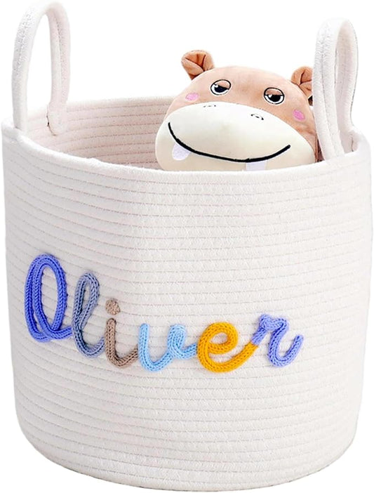 JUPPE Custom Baby Shower Basket, Personzlized Basket with Baby Name, Baby Boy Girl Storage Organizer Cotton Rope Nursery Decor Newborn Gift (XL Basket)
