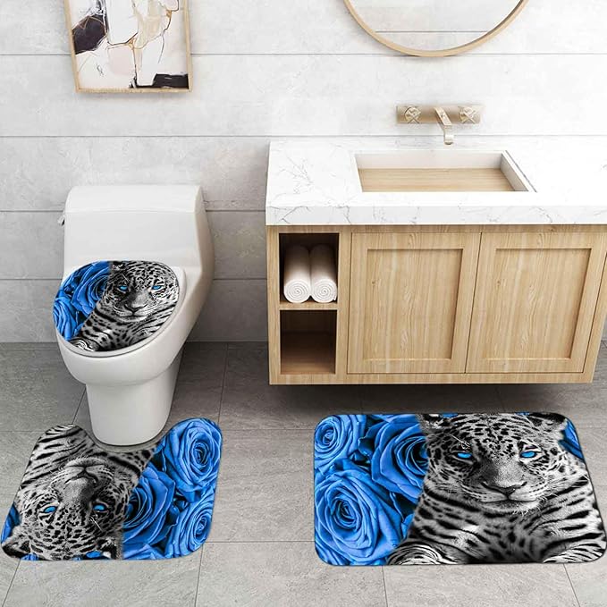 4PCS Blue Rose and Leopard Shower Curtain Sets with Rugs, Waterproof Fabric Shower Curtain, Modern Aesthetic Floral African Safari Wildlife Wild Animal Black and White Cheetah Bathroom Decor