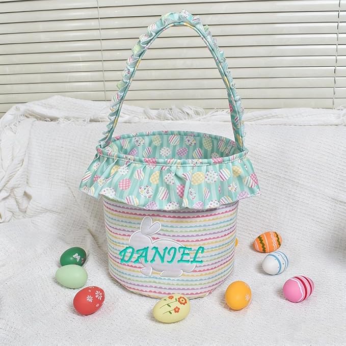 Personalized Easter Basket with Name for Kids Custom Embroidered Floral Bunny Egg Hunt Bag for Boys Girls Gingham Canvas Storage Bucket Cotton Rabbit Party Tote, Nursery Decor Storage Pouch