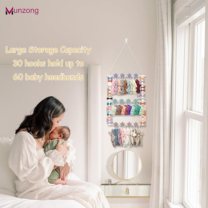 Munzong Headband Holder,Beige Bow Organizer for Baby Girls, Nursery Wall Hanging Clip Storage w/ 30 Hooks, Hair Accessories Organizer Rack Shelf for Toddler Kids Room Decor 15x20inch