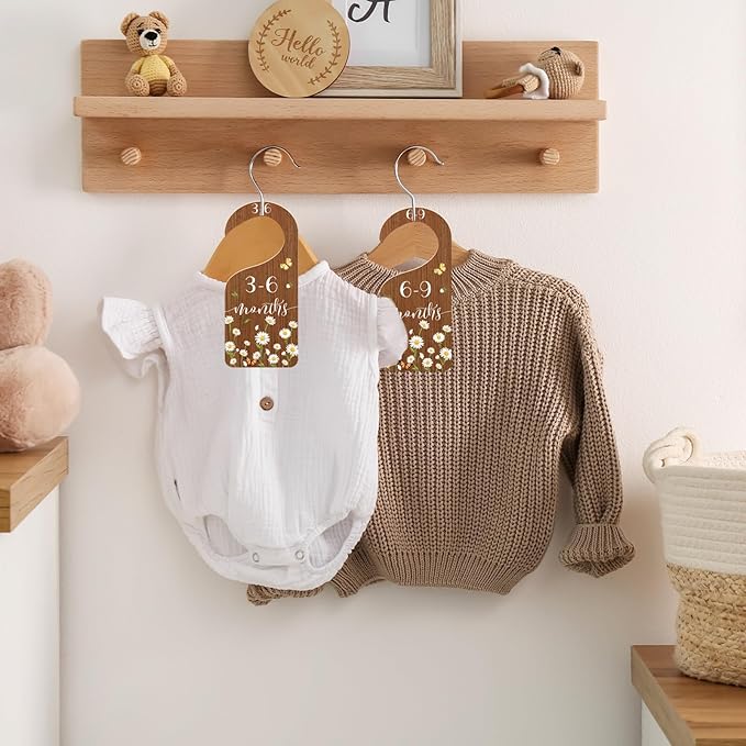 Whaline 8Pcs Daisy Baby Closet Size Dividers Hanging Wooden Baby Closet Organizers Newborn to Toddler Rustic Floral Butterfly Infant Wardrobe Organizers for Home Nursery Bedroom