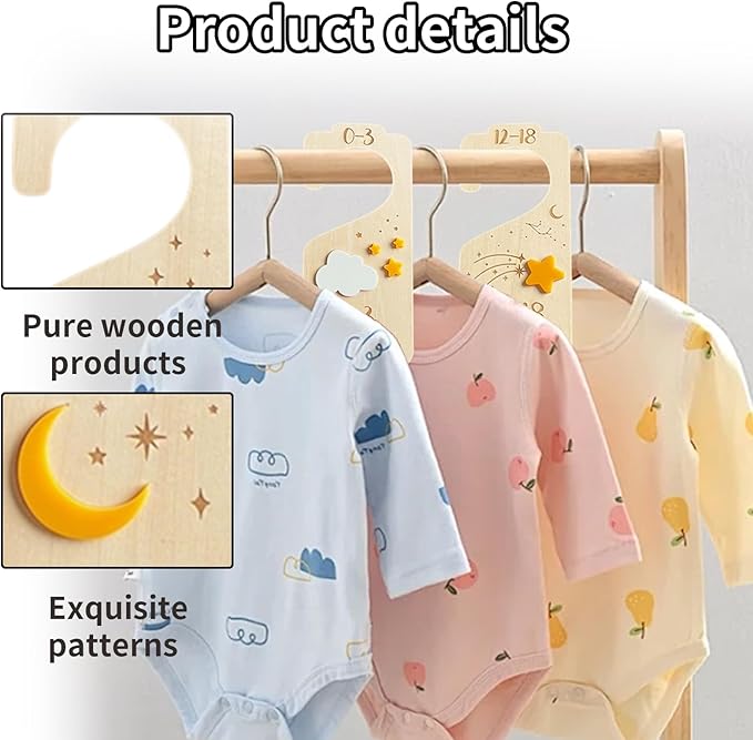 Baby Closet Dividers,Baby Clothes Dividers for Closet,Nursery Decor Storage Hangers Organizer,Sided Organizer for Newborn to 24 Months Clothes Wooden Nursery Decor Hanger Organize Room(Star Moon)