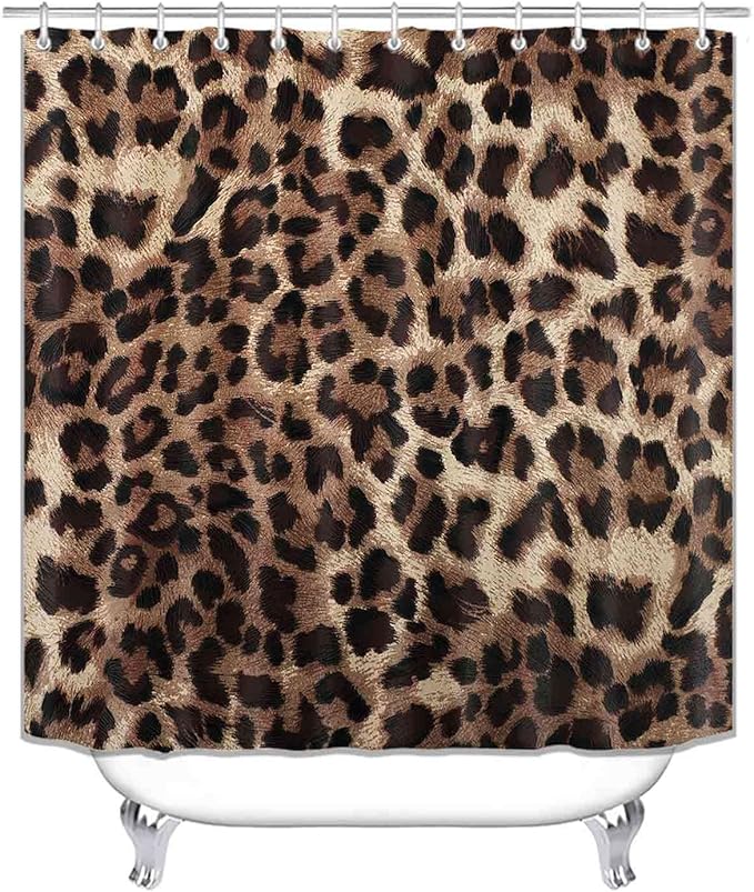 4PCS Black Brown Leopard Print Shower Curtain Sets With Rugs, Waterproof Fabric Shower Curtain, African Wildlife Wild Animal Safari Skin Powerful Cheetah Cat Panthera Fur Modern Bathroom Decor