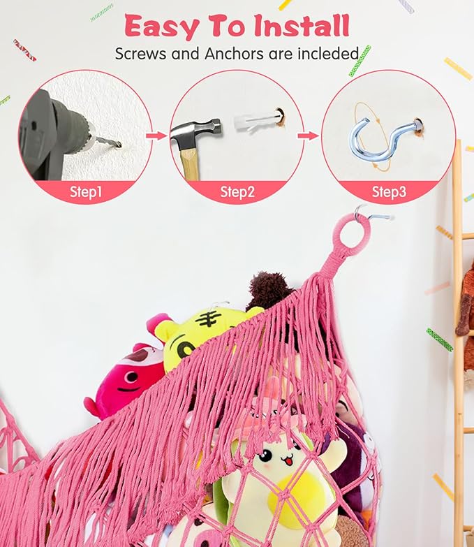 Stuffed Animal Hammock - Extra Large 63'' Long, Stuffed Animal Storage, stuffed animal Holder net, Hammock Large, Storage Hanging Organizer - Pink