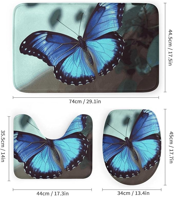 4 Piece Bathroom Rug Set with Shower Curtain, Non-Slip Bath Mat Toilet Cover Set, Blue Butterfly Bathroom Rug Sets