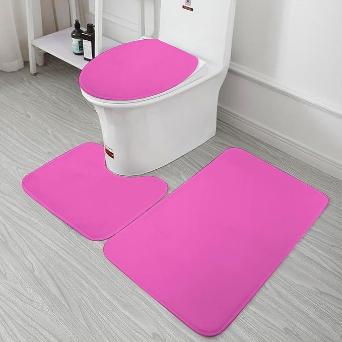 3 Pieces Bath Rug Sets, Bright Hot Pink Bathroom Mat Set Non Slip U Shaped Contour Rug & Toilet Lid Cover