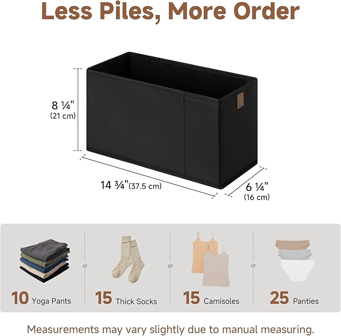 StorageWorks Narrow Storage Basket, Narrow Baskets for Shelves, Fabric Storage Bins with PU Handle, Perfect for Clothes, Underwear, Books, Socks, Black, 4-Pack