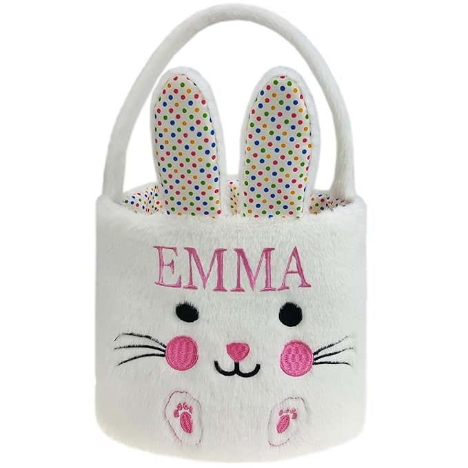 DearSun Exquisite Embroidery ! Personalized Plush Bunny Basket Easter Egg Hunting Basket Easter Basket with Embroidery Name (White Plush Bunny)