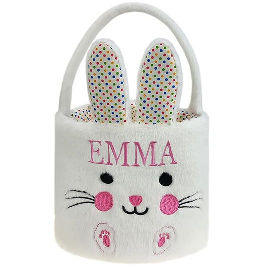 DearSun Exquisite Embroidery ! Personalized Plush Bunny Basket Easter Egg Hunting Basket Easter Basket with Embroidery Name (White Plush Bunny)