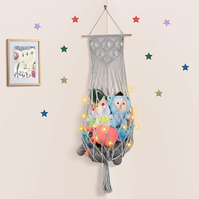 Stuffed Animal Storage w/ LED Star Light, 63 Inch Jumbo Toy Hammock Wall Ceiling Over Door Hanging Organizer Net for Stuffed Animals, Gray Stuffed Animals Hammock Corner for Kid Girls Boys Gift