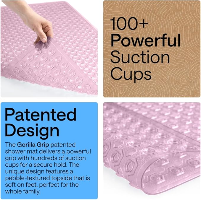 GORILLA GRIP Patented Square Shower Stall Mat, Small Bathtub Floor Mats for Stand Up Showers, Suction Cups and Drainage Holes, Machine Wash, Soft on Feet, Bathroom Accessories 21x21 Inch, Light Pink