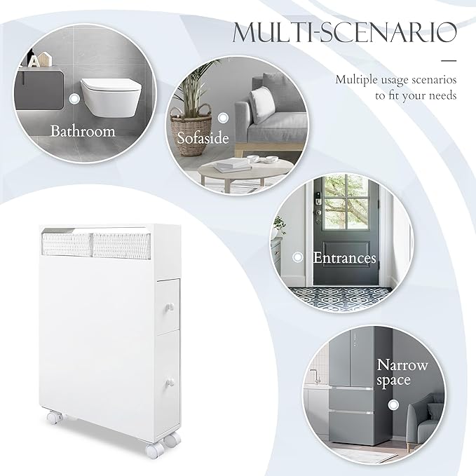 MASAKA B&W Movable Bathroom Storage Cabinet with 2 Drawers and Shelf, Toilet Paper Storage, Corner Shelves, Bathroom Furniture Sets, Side Organizer Toilet
