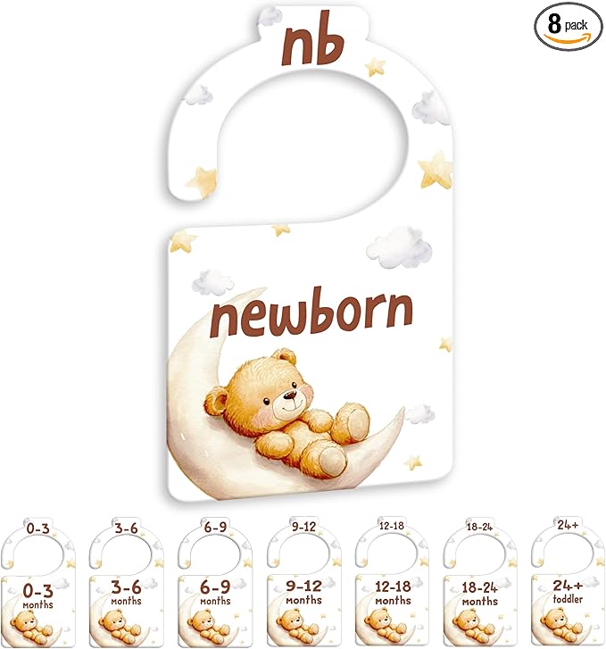 JMOST Bear Baby Closet Dividers for Nursery Closet Organizer, Newborn to 24 Months Size Clothes, Bear Moon Hangers with Size Dividers, Double Sided