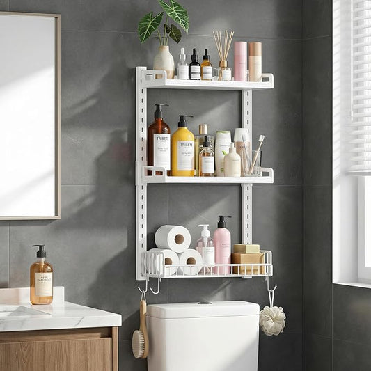 3 Tier Bathroom Shelves Over Toilet - Wall Mounted Floating Shelves with Drain Basket, Toilet Paper Storage, Height Adjustable Over The Toilet Storage, Pure White
