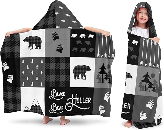 Hooded Bath Towels for Kids, Buffalo Bears Mountains Black Personalized Towel for Swimming Robe | Bathing | Beach | Birthday Gifts