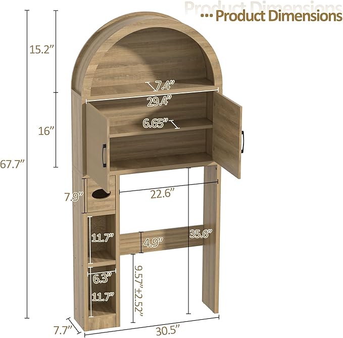 Over The Toilet Storage Cabinet, Bathroom Organizer Over Toilet, Arched Storage Organizer Cabinet with Anti-Tip Device and Adjustable Shelf for Washroom Laundry and Restroom, Natural