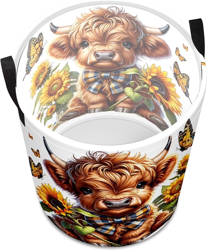 Sunflower Highland Cow Baby Laundry Hamper,kids laundry Basket,Waterproof Storage Bin for Bedroom,Clothes Organizer Basket,Toys Box,Room Decor