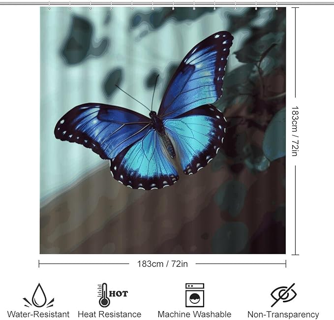 4 Piece Bathroom Rug Set with Shower Curtain, Non-Slip Bath Mat Toilet Cover Set, Blue Butterfly Bathroom Rug Sets