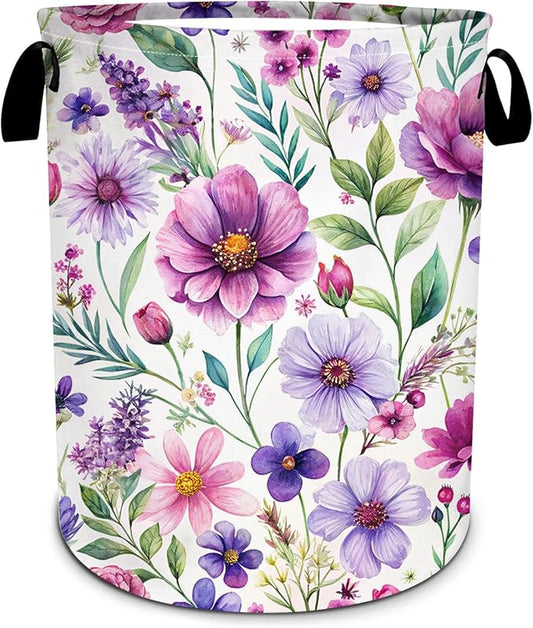Purple Watercolor Floral Laundry Basket, Foldable Waterproof Oxford Cloth Laundry Hamper Funny Tote Bag Dirty Clothes Storage Bucket Toy Organizer for Bathroom/Laundry/Bedroom 15.7"x19.6"