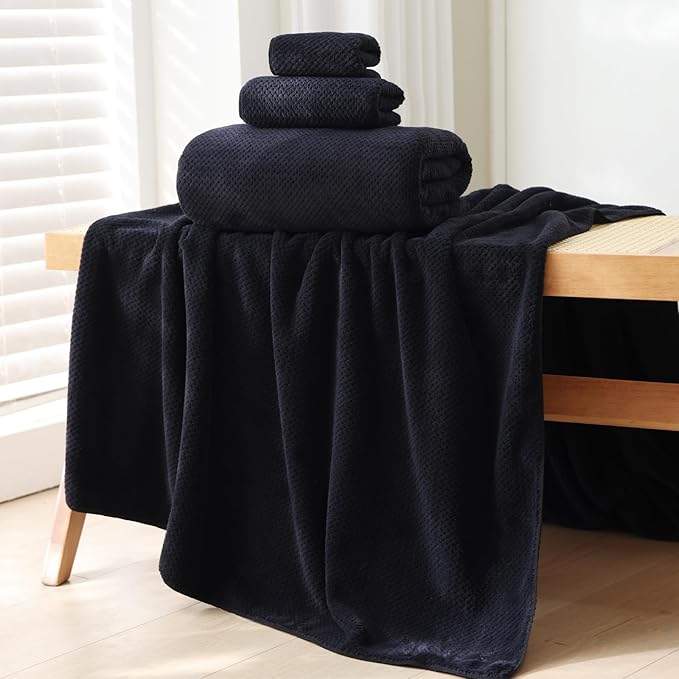 30x60 Inches Extra Large Bath Towels Set Super Soft Absorbent Luxury Microfiber Towels for Bathroom (Black,3PCS)