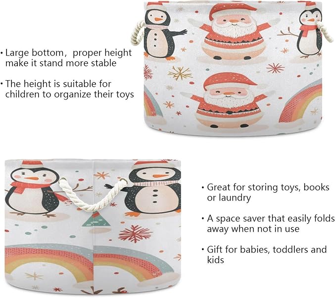Blanket Storage Basket for Living Room - Cute Santa Penguin Large 20"x20"x14" Cotton Rope Handles Laundry Basket, Foldable for Toy Storage, Blanket Basket