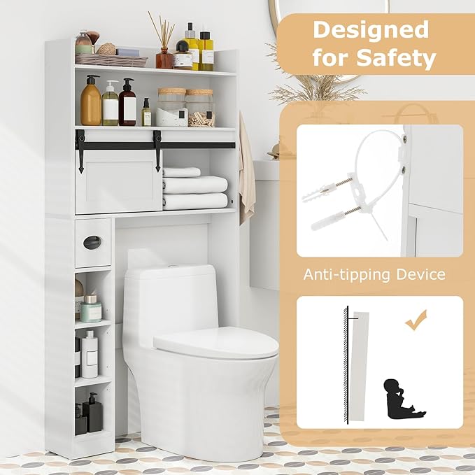 Giantex Over The Toilet Storage Cabinet, Farmhouse Space Saver with Sliding Door, Toilet Paper Holder, Side Hooks & Adjustable Shelves, Over Toilet Bathroom Organizer for Laundry, Restroom (White)