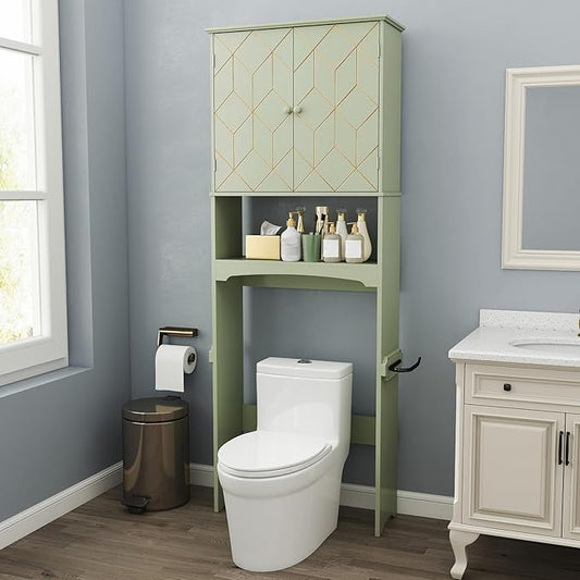HLR Over The Toilet Storage Cabinet with Gold Trim, Over Toilet Bathroom Organizer with Adjustable Shelves and Toilet Paper Holder, Above Toilet Storage Cabinet Spacesaver for Bathroom (Green)
