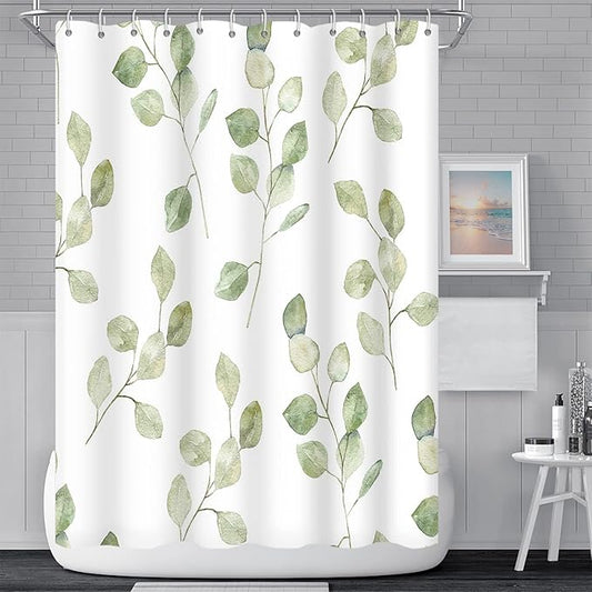 Green Eucalyptus Leaves Bathroom Shower Curtain Nature Plants Watercolor Leaf Shower with Hooks Polyester Waterproof Fabric Aesthetics Home Decor, 60x70 Inch