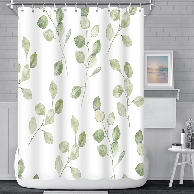 Green Eucalyptus Leaves Bathroom Shower Curtain Nature Plants Watercolor Leaf Shower with Hooks Polyester Waterproof Fabric Aesthetics Home Decor, 48x70 Inch