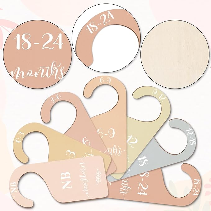 Whaline 7Pcs Boho Wood Baby Closet Size Dividers With Yellow Velvet Bag Newborn to 24 Month Thicken Infant Wardrobe Hanger Organizers for Home Nursery Party Supplies