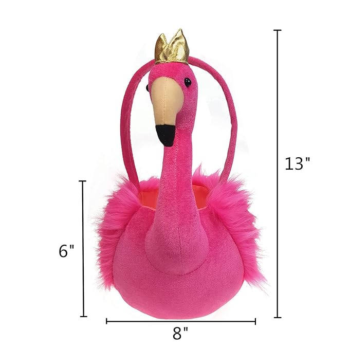 DearSun Exquisite Embroidery Name ! Personalized Easter Egg Hunting Basket 3D Plush Flamingo Basket, Lovely Candy Gift Bucket with Customization