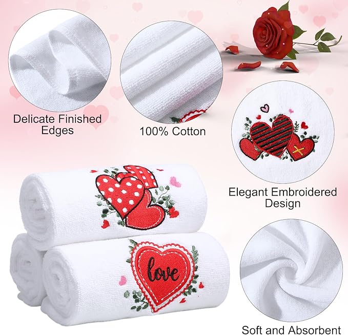 3 Pack Valentine's Day Bath Hand Towels Embroidered 100% Cotton 13.7 x 29.5 in Valentines Red Heart Love Bathroom Kitchen Decorations Valentines Day Dish Towel Gift Set(White,Eucalyptus)