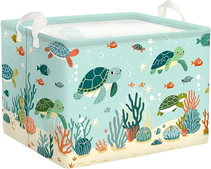 Sea Animals Laundry Hamper Ocean Fish Coral Large Storage Basket Parents Organizer Kids Clothes Toy Bins for Bedroom, Bathroom, Green Turtles, 36L