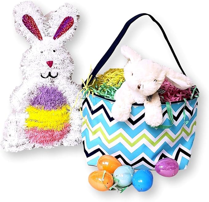 Personalized with Name Blue ZIg Zag Chevron Material Easter Basket Bucket for Egg Hunting