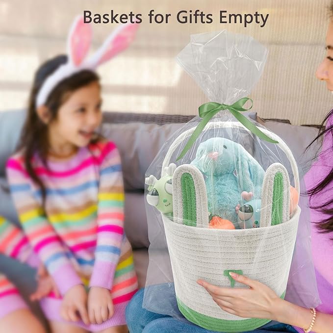 2 Pack Large Woven Easter Baskets for Kids - Boy & Girl Options, Empty Basket with Gift Bags and Ribbons Cute Easter Decorations Bunny Ears Designs (Blue+Green)