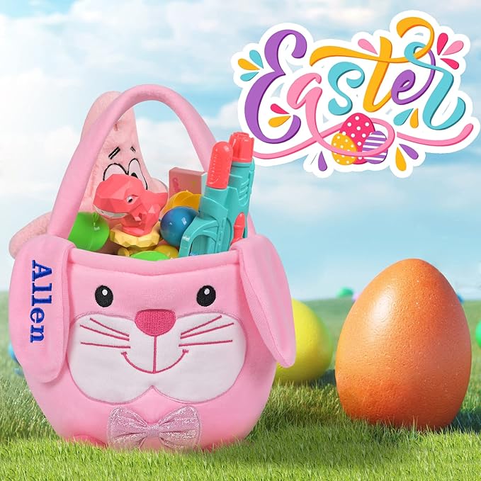 Personalized Easter Basket, PEMIRSAYO Easter Baskets for Kids Easter Bunny Baskets Custom Easter Basket Personalized Easter Gifts Toddler Easter Baskets Empty - Pink Bunny