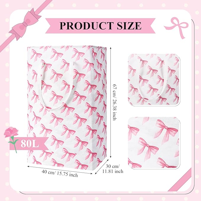 Leinuosen 2 Pcs Bow Pink Laundry Basket Pink Laundry Hamper Large Collapsible Bow Storage Baskets Cute Nursery Clothes Waterproof Hamper Room Organization for Bedroom Decor(Pastel)