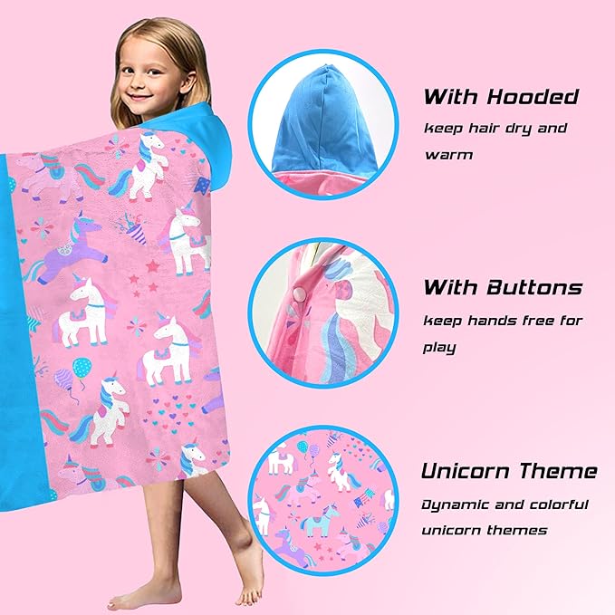Hooded Towels for Kids -Toddler Beach Towel- Super Absorbent & Quick Dry 100% Cotton 30x50 Inch - to Kid Ages 3-10-Sky Blue Unicorn Pattern Design
