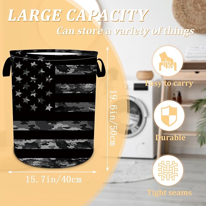 Black Camo USA Flag Laundry Basket, Foldable Waterproof Oxford Cloth Laundry Hamper Funny Tote Bag Dirty Clothes Storage Bucket Toy Organizer for Bathroom/Laundry/Bedroom 15.7"x19.6"