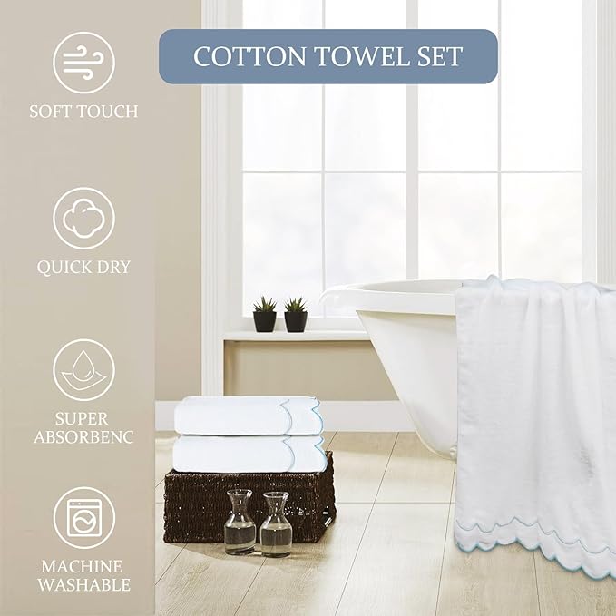 100% Cotton Bath Towels for Bathroom 2 Pcs Scalloped Hand Towels 27 * 54 Inch Embroidered Decorative 600 GSM Soft Absorbent Bath Towel for Spa Yoga Hotel Sport (Blue)
