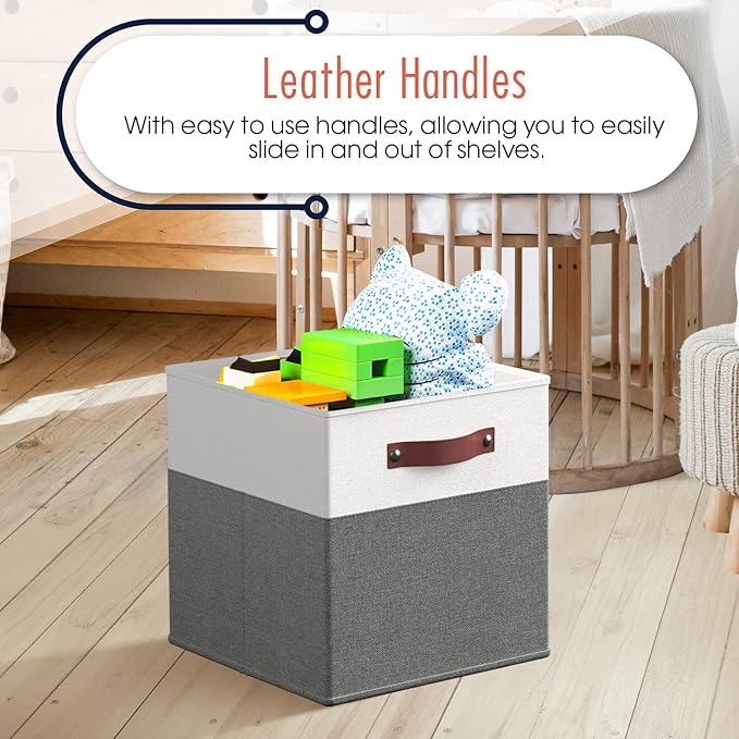 Ornavo Home 11 x 11 Storage Cube Bins, Foldable Collapsible Fabric Storage Bins Box Linen Shelf Basket Cube Organizer for Closet with Leather Handles, 6 Pack, White/Gray