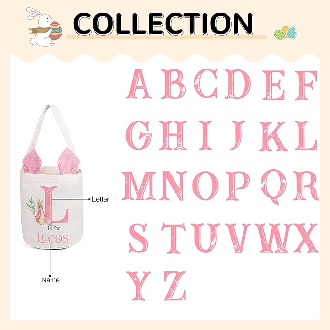 Personalized Name Easter Basket, Bunny Basket for Kids, Easter Bunny Bag for Boys Girls, Egg Hunt Bucket, Party Favors (Style C)