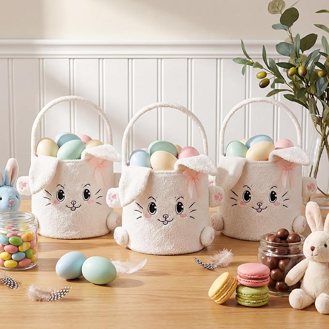 Mimorou 3 Pack Plush Bunny Easter Basket Sherpa Easter Bucket with Rabbit Ears Decorative Bow Large Bunny Tote Bags Ideal for Egg Hunt, Party Favors, Decorations & Storage(White)