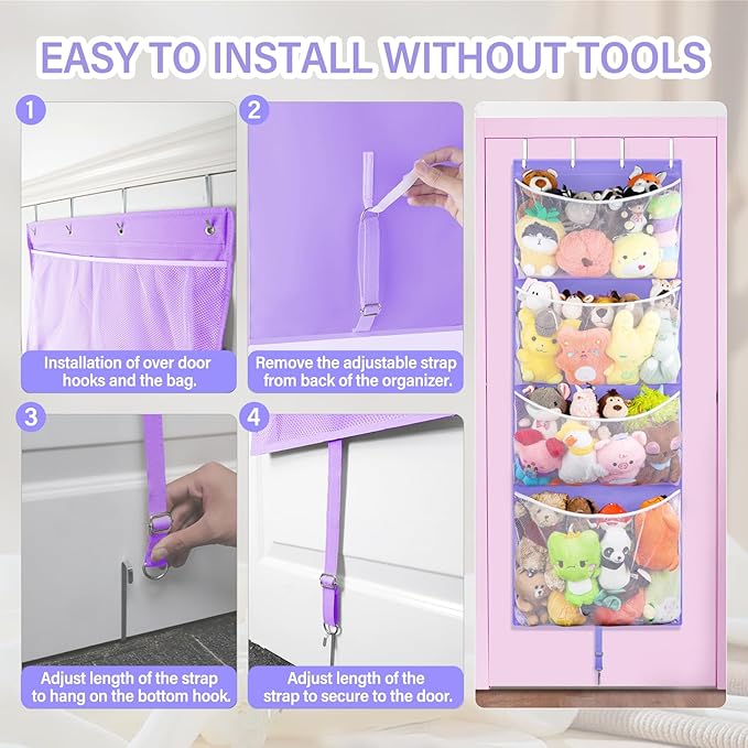 Hanging Stuffed Animal Storage, Over Door Large Plush Toy Organizer with Metal Hook, Baby Accessory Holder Idea for Nursery, Doll & Bear Mesh Hammock Bag for Girl Boy Kid Room