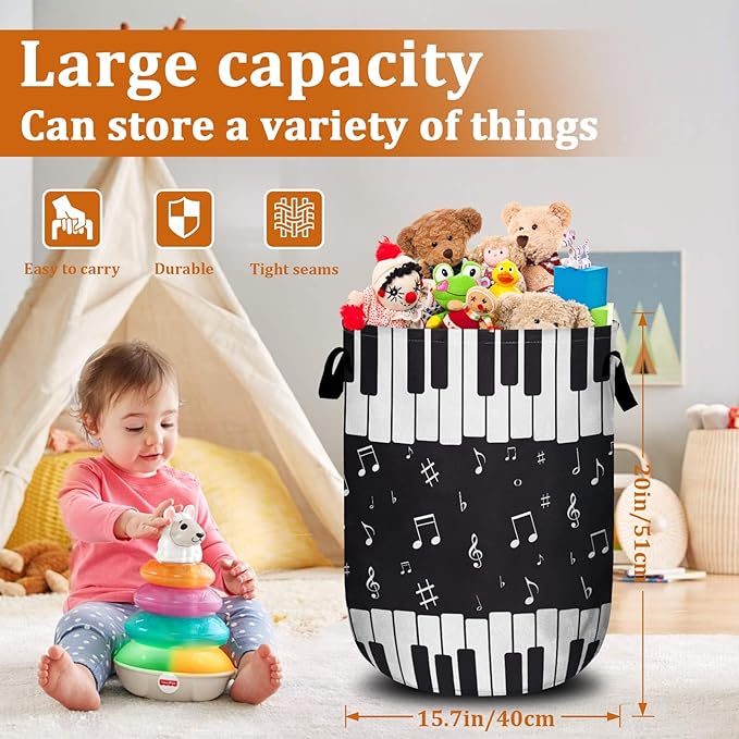 Piano Keyboard Laundry Basket with Sturdy Handles, Music Note Collapsible Oxford Cloth Laundry Hamper Organizer Basket for Bathroom Bedroom 15.7x20 Inch
