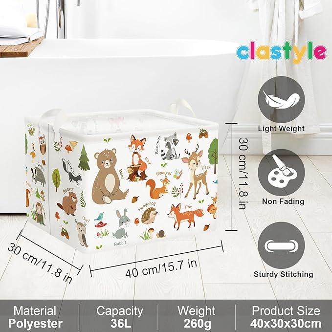 Clastyle Collapsible Words Animals Kid Book Toy Storage Basket Bear Raccoon Clothes Nursery Hamper for Bedroom Bathroom, Grey Rabbit 36L
