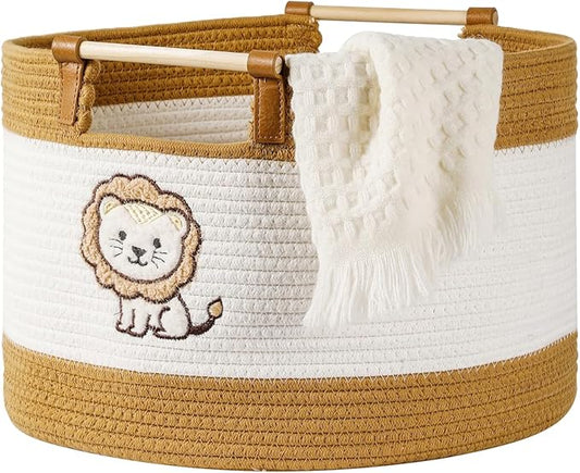 Large Blanket Basket 35L Cotton Rope Basket with Wooden Handles Woven Baskets for Kids Babies and Toddlers Stuffed Toys Storage for Nursery, Laundry Hamper Baby Hamper Boys Gift Baskets Empty